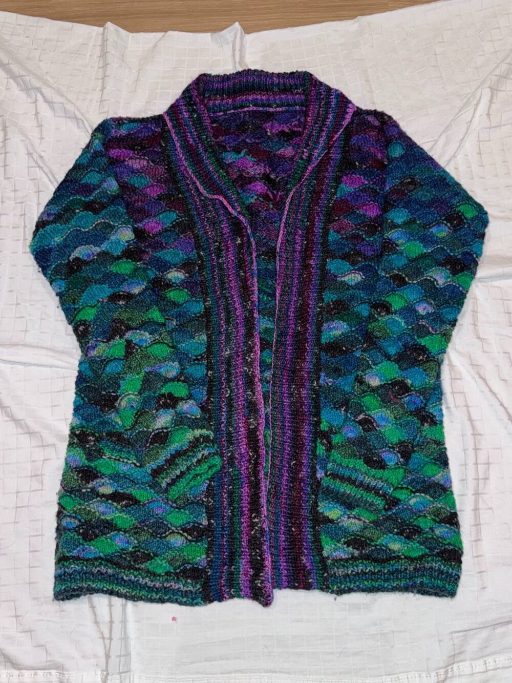 Hand Dyed & Knit Merino Gradient Scallop Shawl Collar Cardigan - L